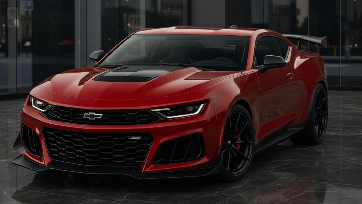 Front view of the 2026 Chevrolet Camaro Z28 showcasing aggressive styling and performance stance
