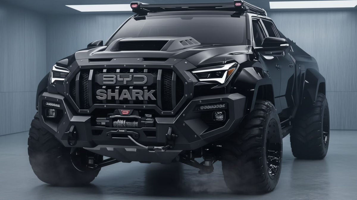 2027 BYD Shark hybrid pickup truck exterior in motion